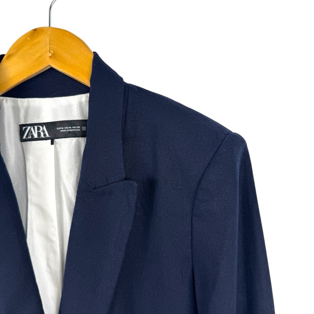 Zara Navy Blue Linen Blend Open Front Blazer Jacket Size Medium Striped Lining - Picture 8 of 16
